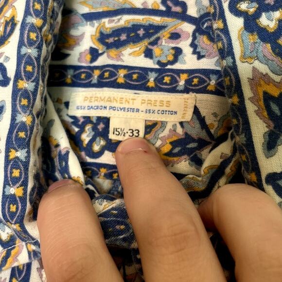 1970s Perma Press Victorian Yellow Blue Paisley Ruffle Disco Dagger Shirt L - Picture 2 of 6